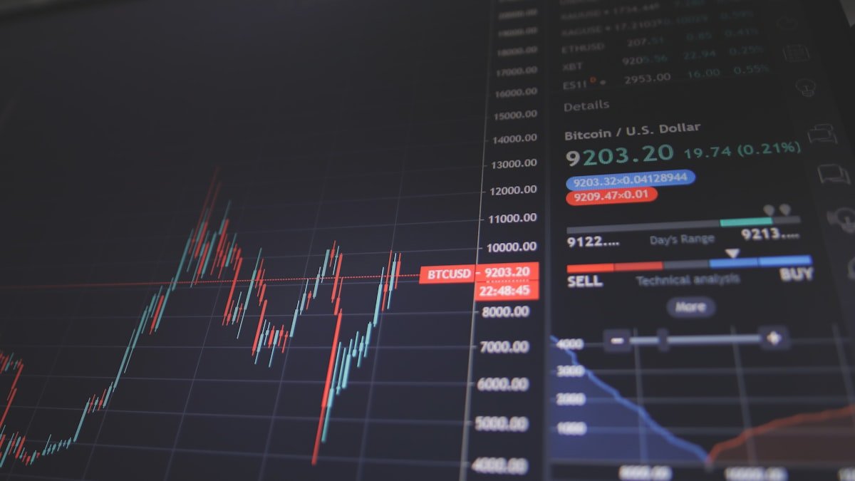 Investor analyzing stock market volatility charts and risk metrics on dual monitors